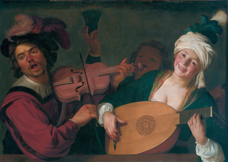 Wesoła grupa za balustradą z skrzypkiem i lutnistą - Gerrit van Honthorst