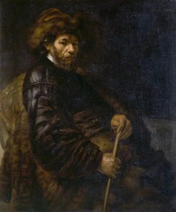 Mężczyzna siedzący z kijem - Rembrandt