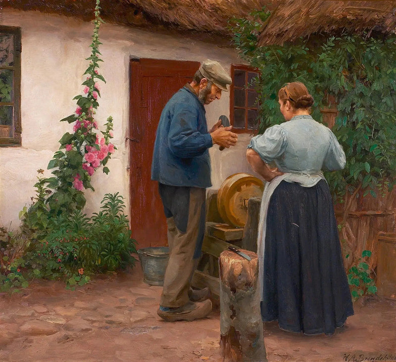 Mężczyzna i kobieta przed osełką. - H. A. Brendekilde