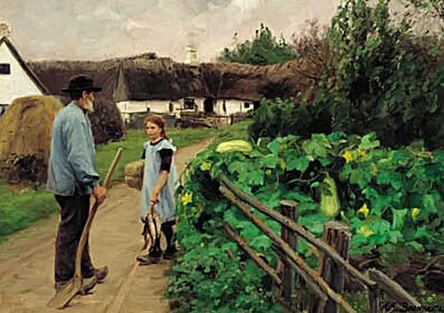 Mężczyzna i dziewczyna rozmawiają na drodze. - H. A. Brendekilde