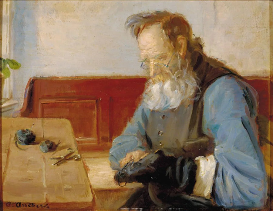 Mężczyzna naprawia skarpetki - Anna Ancher