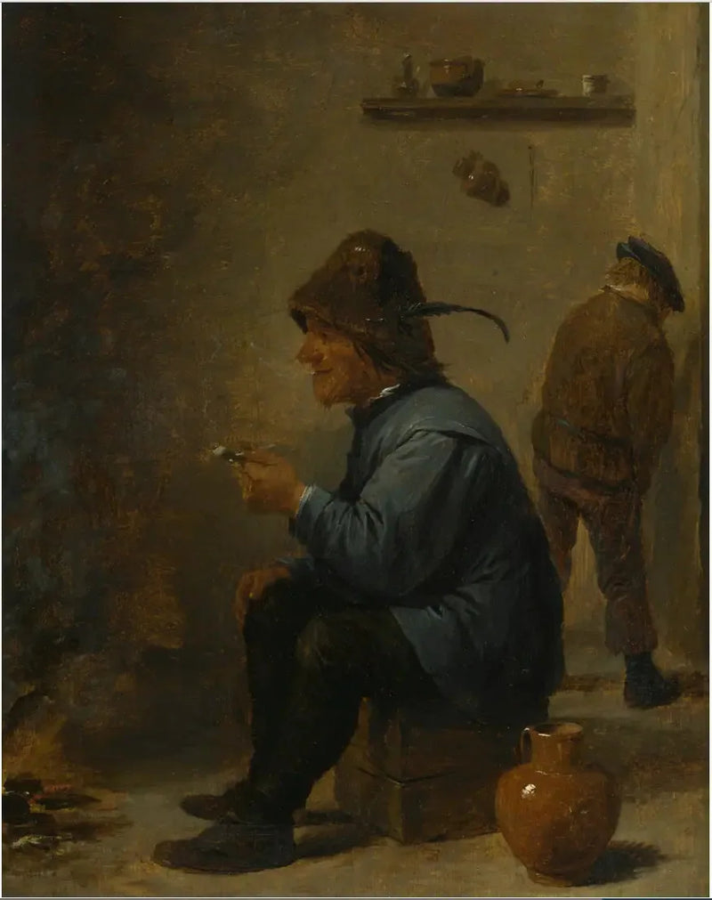 Mężczyzna trzymający fajkę siedzący przed ogniem w tawernie, mężczyzna sikający w kącie - David Teniers Młodszy