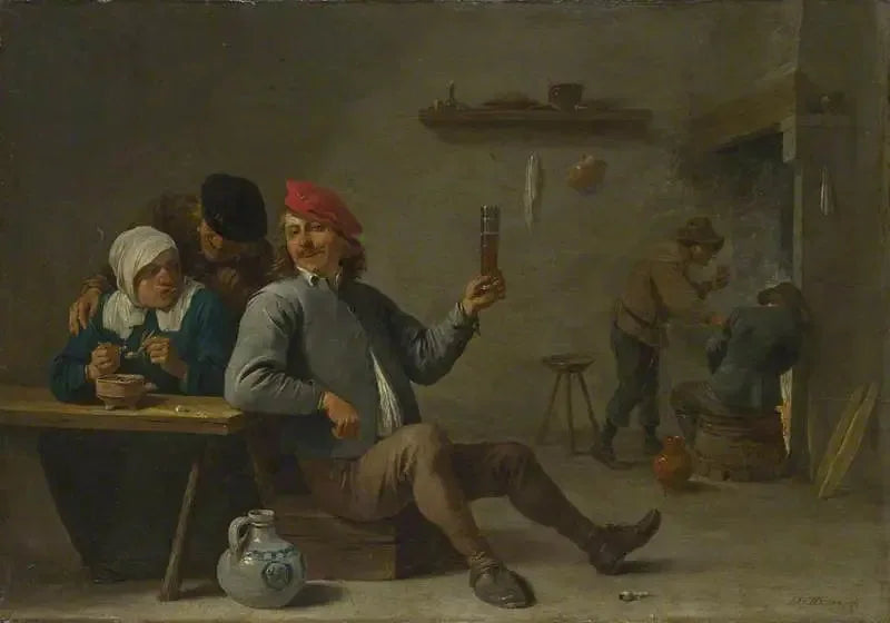 Mężczyzna trzymający szklankę i starsza kobieta zapalająca fajkę - David Teniers młodszy