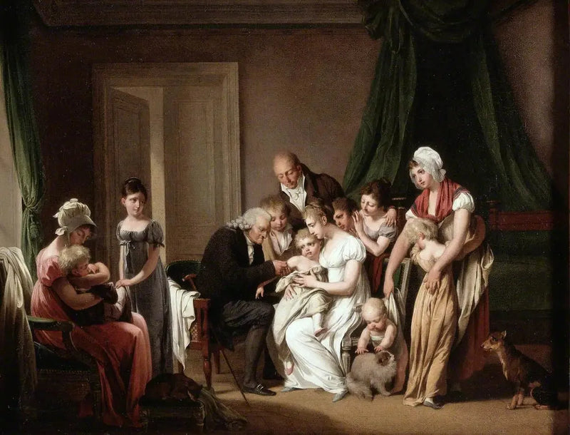 Mężczyzna szczepi małe dziecko trzymane przez matkę, pod okiem innych członków rodziny - Louis-Léopold Boilly