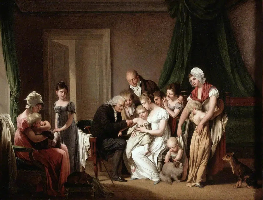 Mężczyzna szczepi małe dziecko trzymane przez matkę, pod okiem innych członków rodziny - Louis-Léopold Boilly