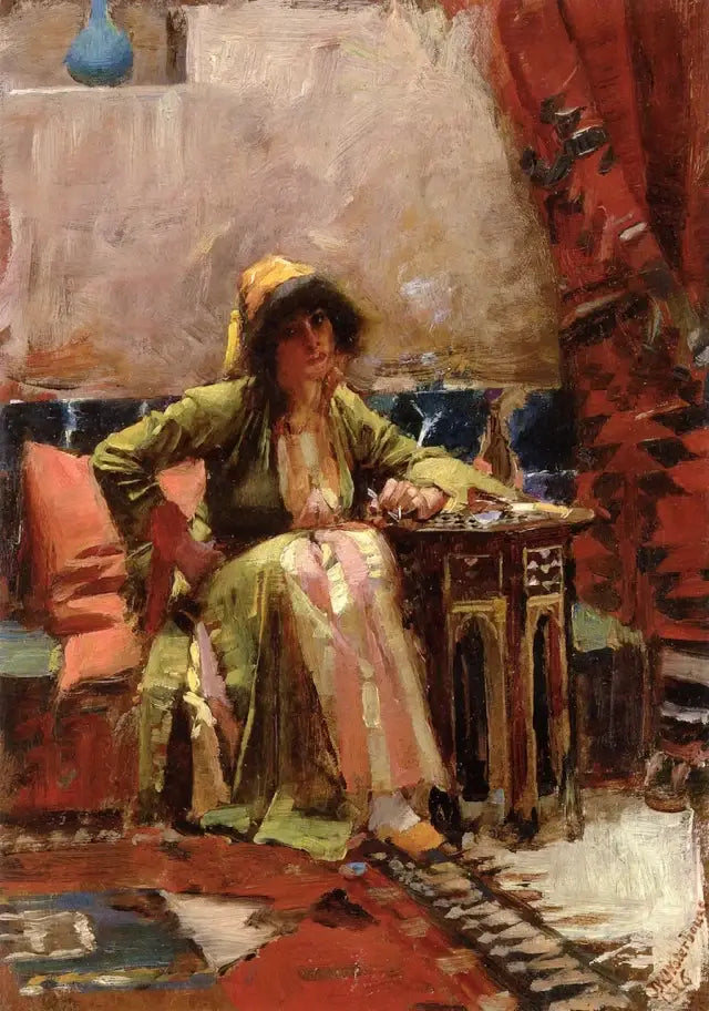 Reproduction du tableau « Un intérieur oriental avec une fille assise - John William Waterhouse » par Alpha Reproduction en peinture à l’huile