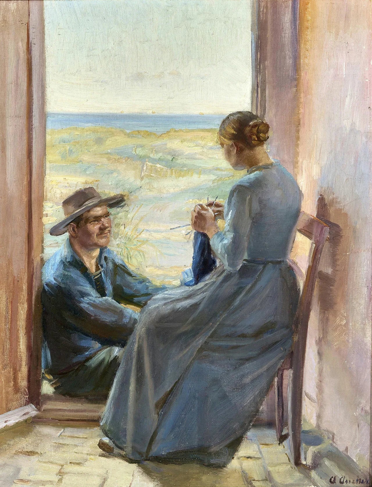 Un jeune couple de Skagen assis dans l'embrasure d'une porte avec vue sur la plage et la mer. - Anna Ancher image 1 copie peinte à la main à l’huile