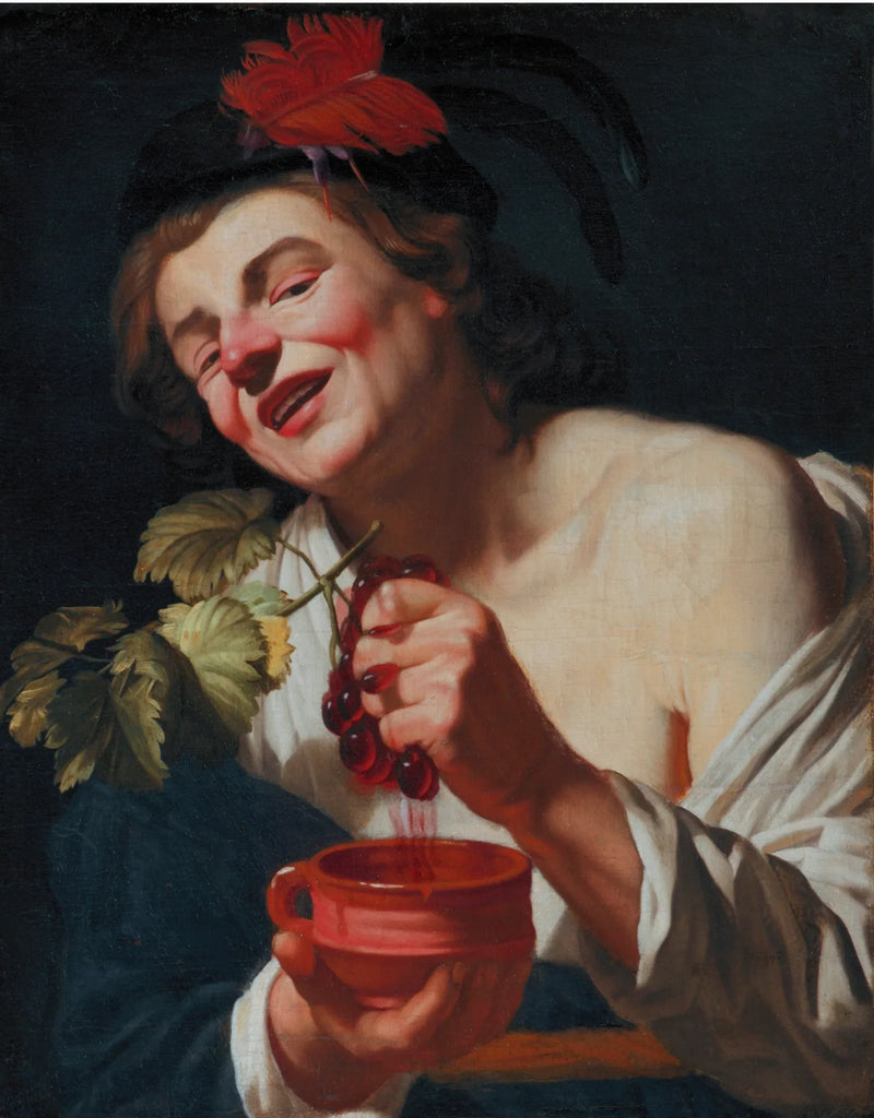 Młody mężczyzna bachiczny tłoczący winogrona do kielicha (allegoria smaku?) - Gerrit van Honthorst