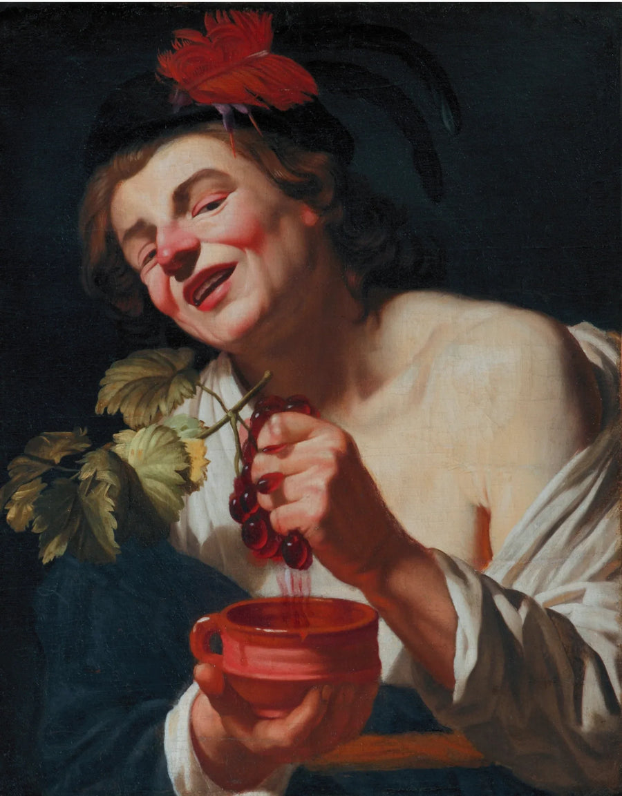 Młody mężczyzna bachiczny tłoczący winogrona do kielicha (allegoria smaku?) - Gerrit van Honthorst