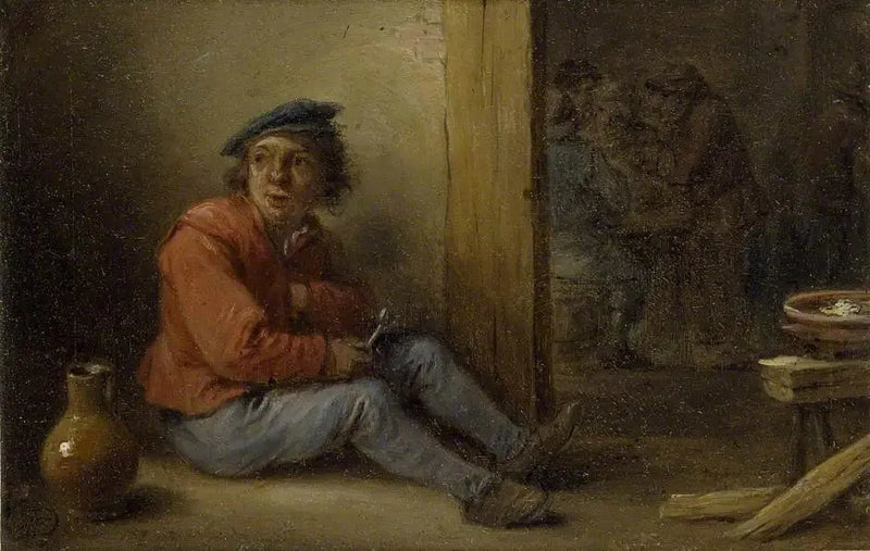 Młody chłop siedzący w wnętrzu - David Teniers młodszy