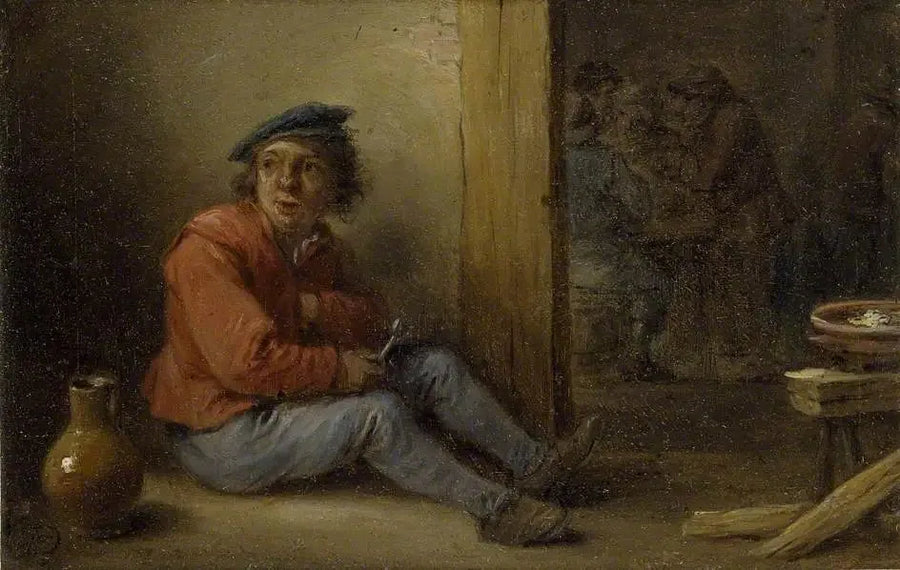 Młody chłop siedzący w wnętrzu - David Teniers młodszy