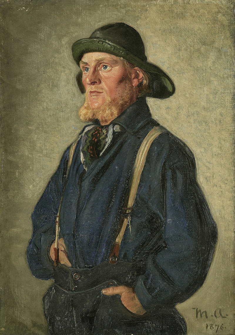 Młody rybak stojący, ubrany w zieloną kurtkę przeciwdeszczową - Michael Peter Ancher