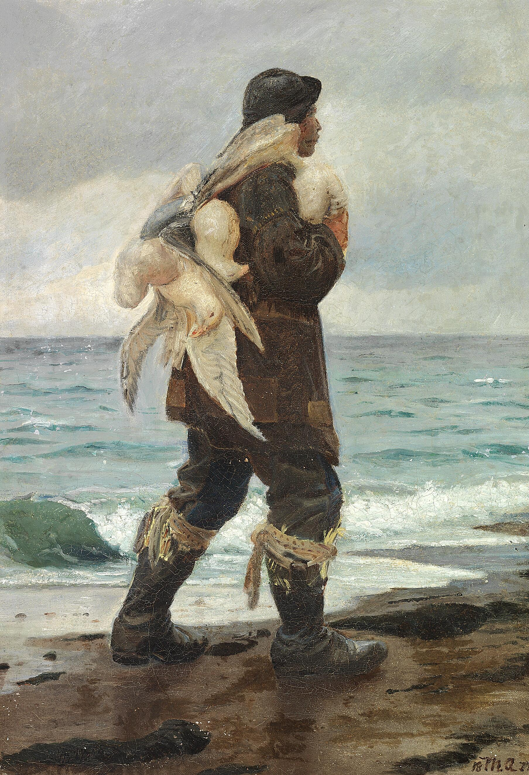 Un jeune pêcheur rentre chez lui avec les mouettes qu'il a attrapées. - Michael Peter Ancher image 1 reproduction réalisée par Alpha Reproduction