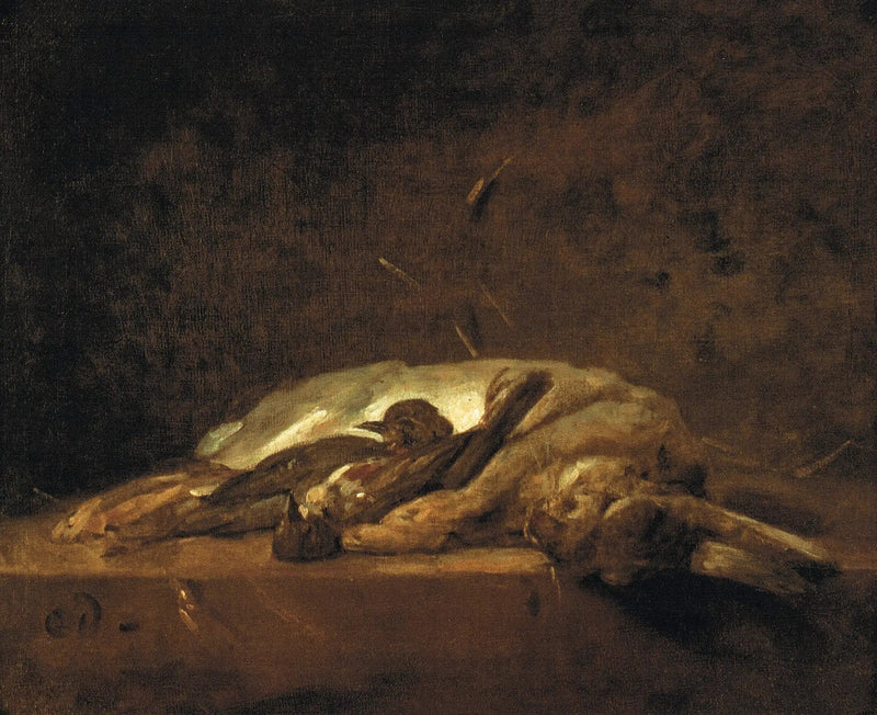 Królik, dwie martwe grzywacze i kilka źdźbeł słomy na kamiennym stole - Jean Simeón Chardin