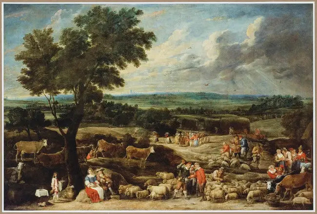Targ zwierząt na rozległym krajobrazie z Antwerpią w oddali - David Teniers Młodszy
