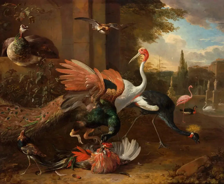 Paw atakujący koguta - Melchior de Hondecoeter
