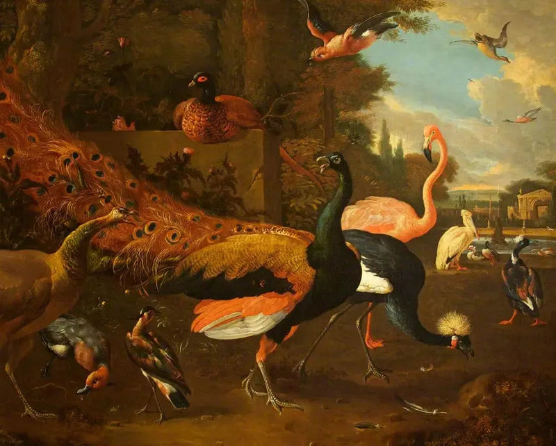 Paw i pawica z żurawiem, różowym flamingiem, pelikanem i innymi ptakami w parku - Melchior de Hondecoeter