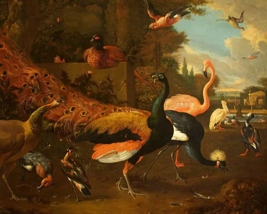Paw i pawica z żurawiem, różowym flamingiem, pelikanem i innymi ptakami w parku - Melchior de Hondecoeter