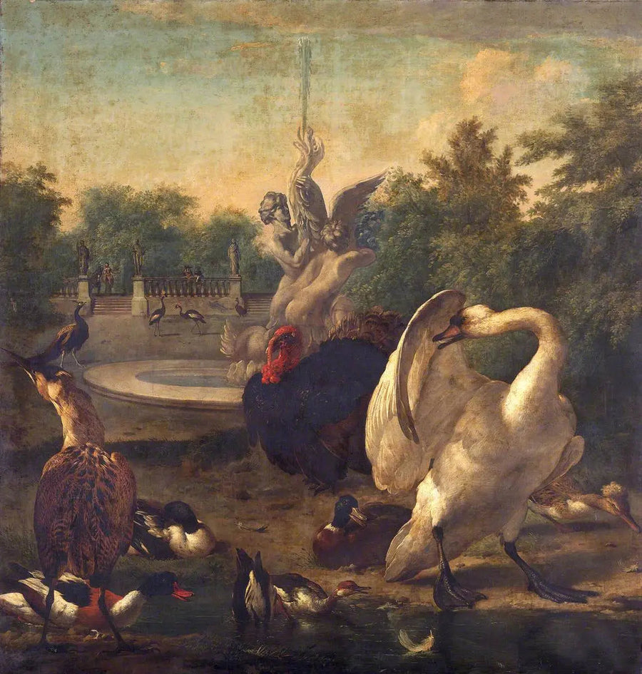 Park z łabędziem i innymi ptakami - Melchior de Hondecoeter