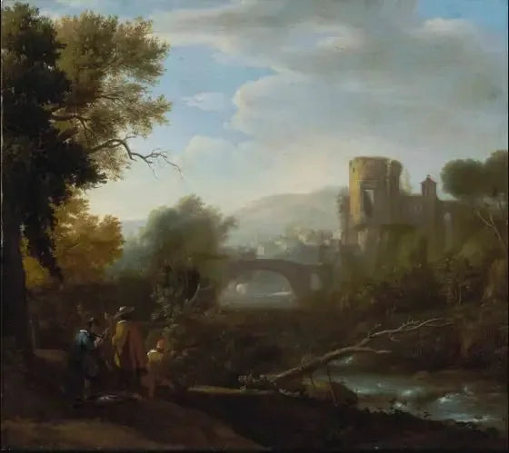Pejzaż z Tivoli i świątynią Westy, myśliwi i artysta rysujący na pierwszym planie - Claude Lorrain