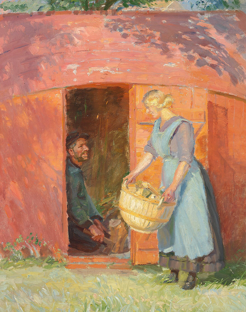 Rybak ze Skagen, w chatce zbudowanej z starego statku, uwodzi młodą kobietę. - Anna Ancher