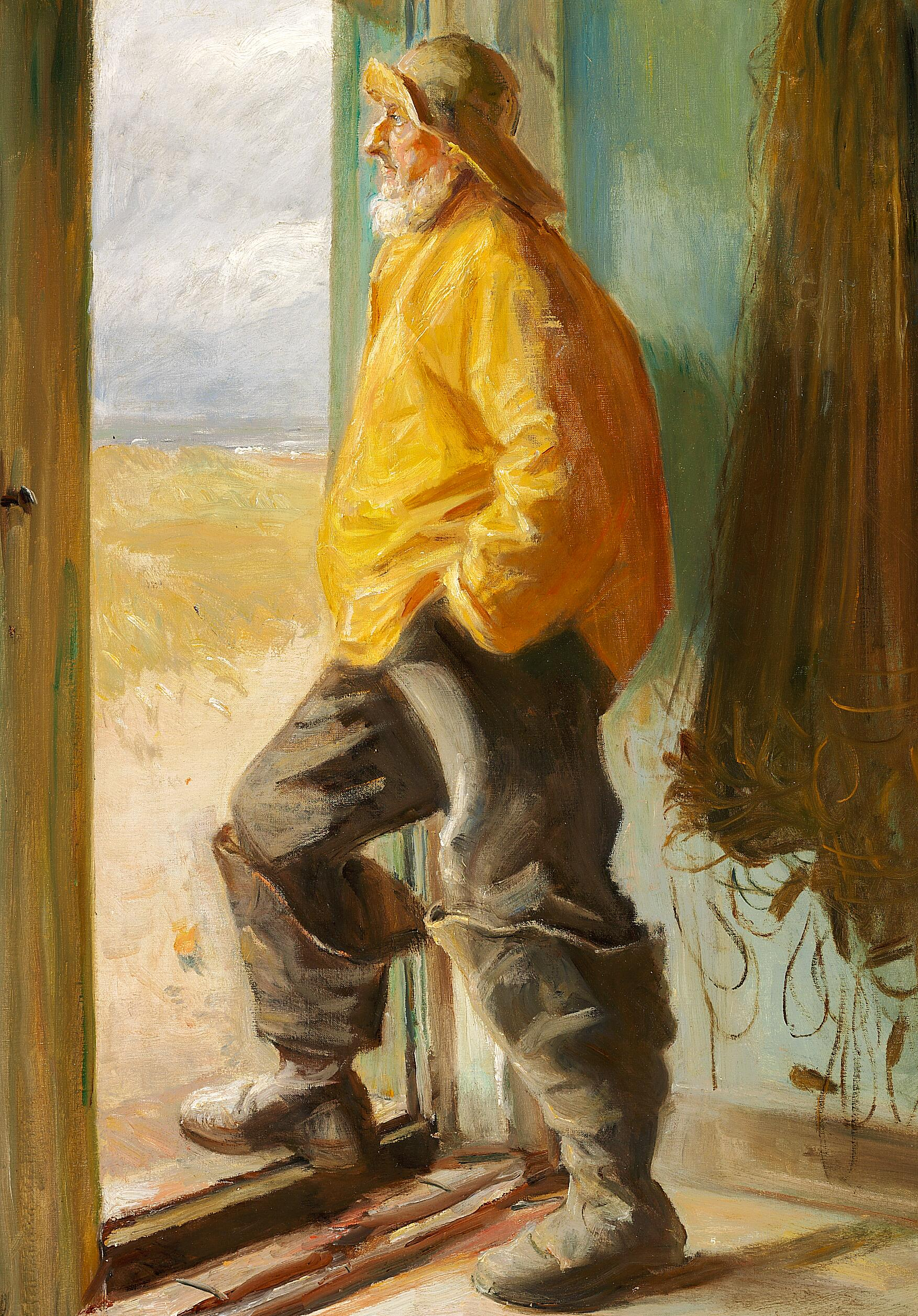 Un pêcheur de Skagen se tient devant une porte. - Michael Peter Ancher image 1 copie de tableau peinte à la main