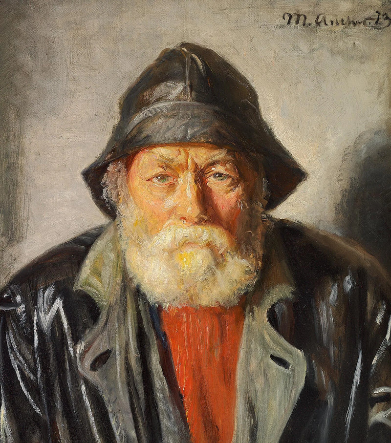 Rybak w czarnej kurtce przeciwdeszczowej i płaszczu, a także czerwonym swetrze. - Michael Peter Ancher