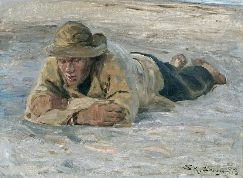 Rybak odpoczywający na piasku, klatka piersiowa oparta na ramionach - Peder Severin Krøyer