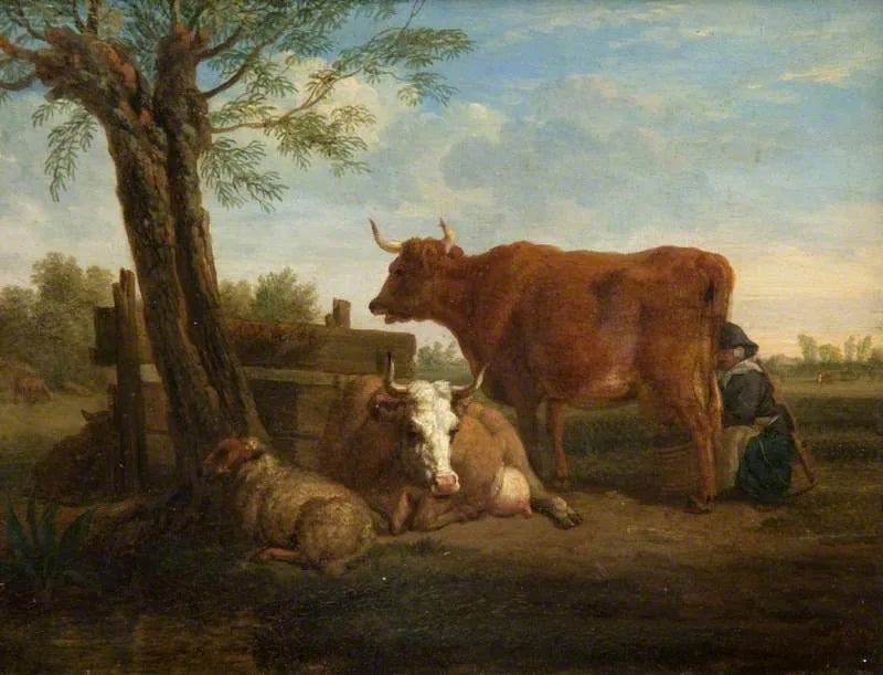 Un pré avec des vaches et une femme qui les trait - Adriaen van de Velde image 1 copie peinte à la main à l’huile