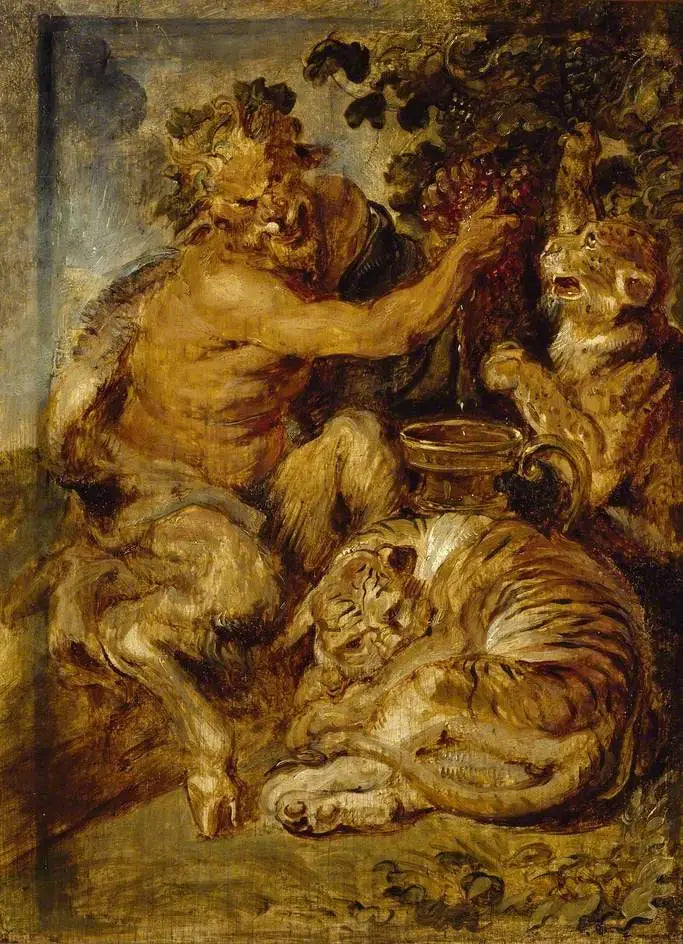 Satyra naciskająca winogrona z tygrysem i lampartem - Peter Paul Rubens