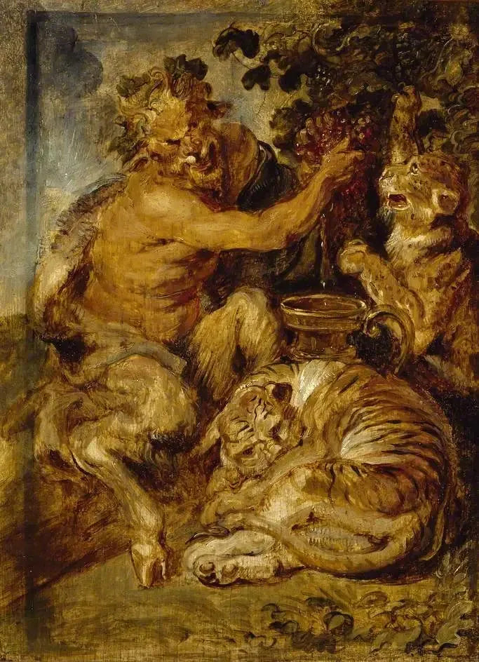 Satyra naciskająca winogrona z tygrysem i lampartem - Peter Paul Rubens