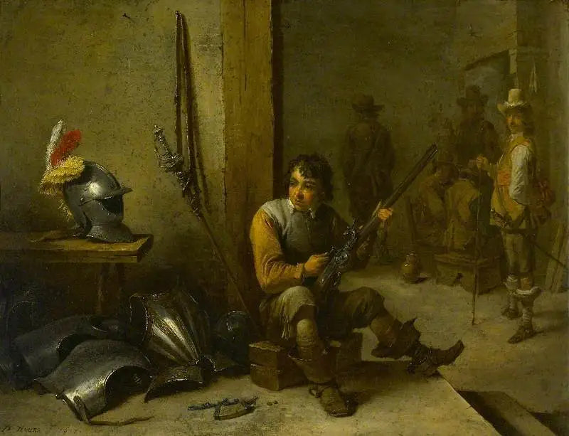 Żołnierz czyszczący muszkiet w sali wartowniczej, zbroja obok niego i żołnierze w tle - David Teniers młodszy