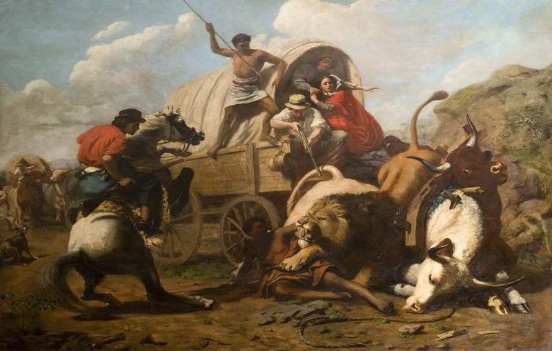 Wagon wołów zaatakowany przez lwa - Edwin Henry Landseer