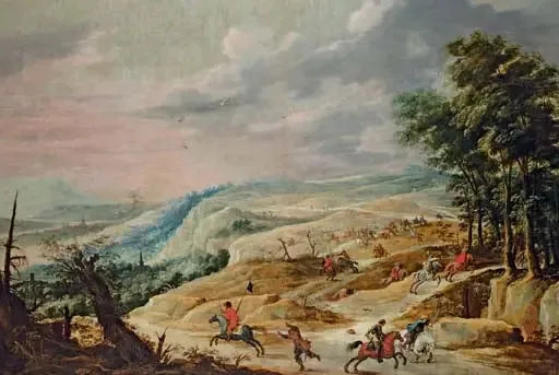 Rozległy pejzaż z potyczką kawalerii na grzbiecie wzgórza - David Teniers młodszy