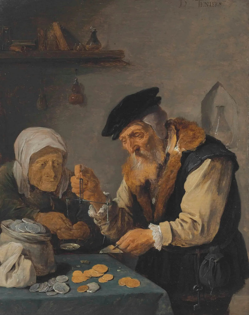 Stary mężczyzna i starsza kobieta ważą monety - David Teniers młodszy