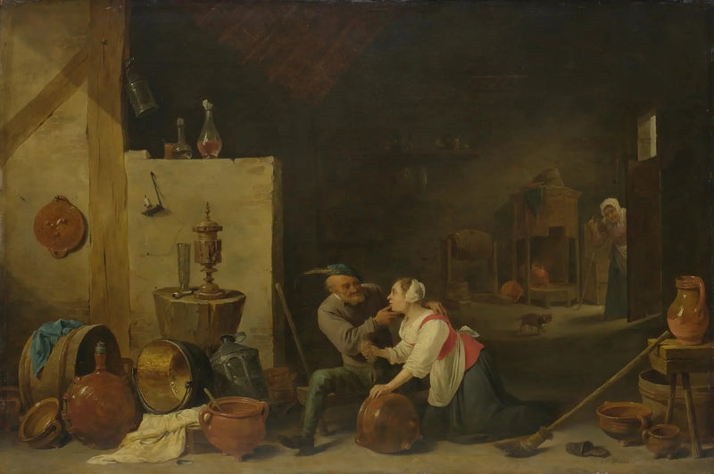 Stary chłop karmi służącą kuchenną w stajni - David Teniers Młodszy