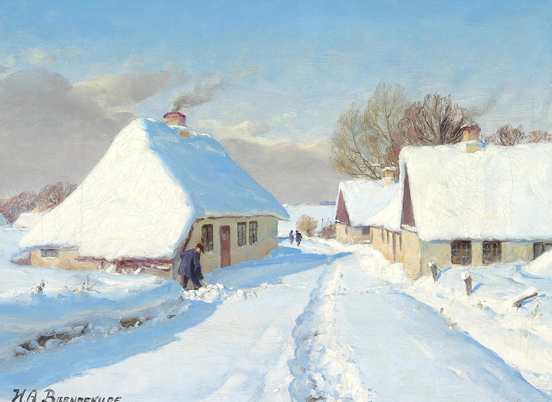 Wioska pokryta śniegiem. - H. A. Brendekilde