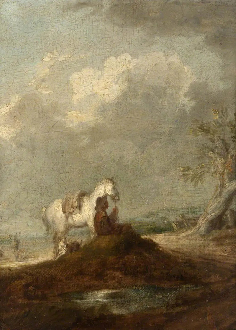 Podróżnik siedzący na wiejskiej drodze, trzymający białego konia - Thomas Gainsborough