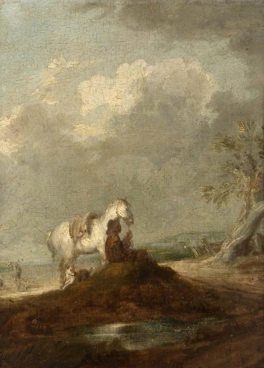 Podróżnik siedzący na wiejskiej drodze, trzymający białego konia - Thomas Gainsborough