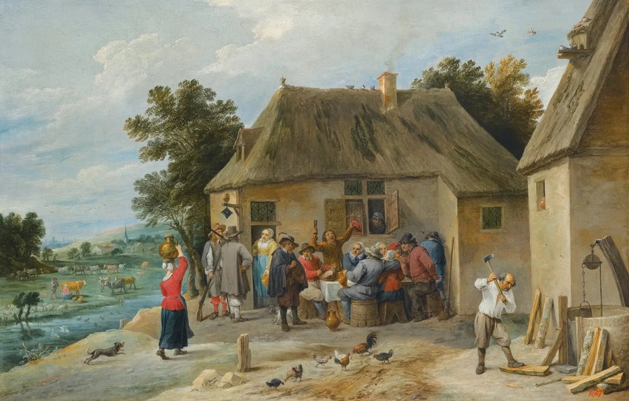 Wiejska gospoda z gospodarzem rąbiącym drewno - David Teniers Młodszy