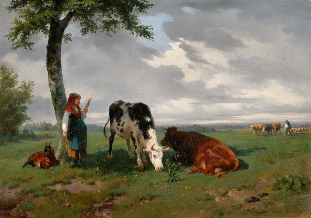 Une bergère avec une chèvre et deux vaches dans un pré - Rosa Bonheur - Alpha Reproduction