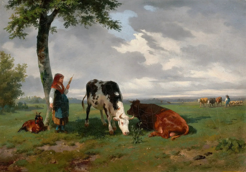Siedząca kobieta z kozą i dwoma krowami na pastwisku - Rosa Bonheur