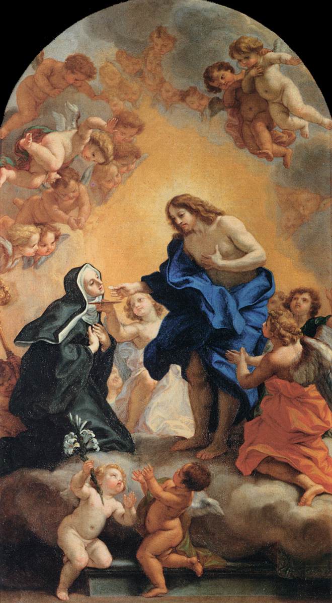 Une bienheureuse abbesse recevant la communion des mains du Christ - Giovanni Battista Gaulli image 1 copie peinte à la main à l’huile