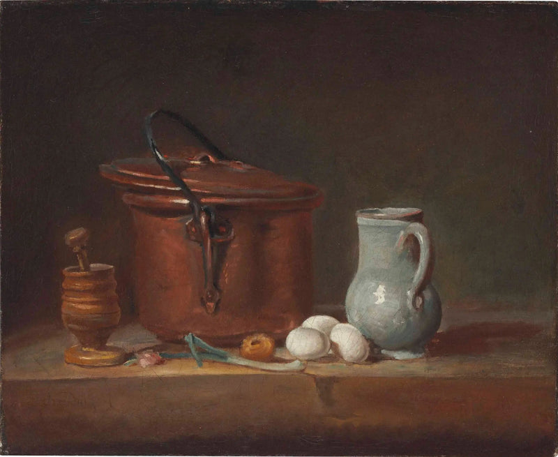 Garnek z miedzi, tłuczek i moździerz, dzbanek, szczypiorek, jajka i cebula na półce - Jean Simeón Chardin