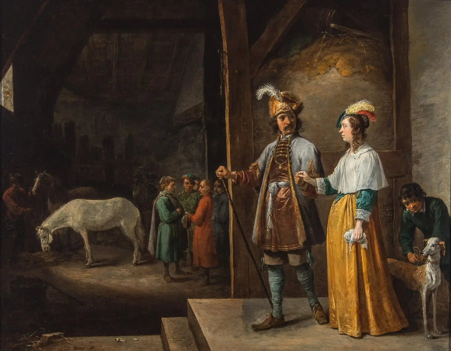 Dama i dżentelmen wchodzący do stajni - David Teniers młodszy