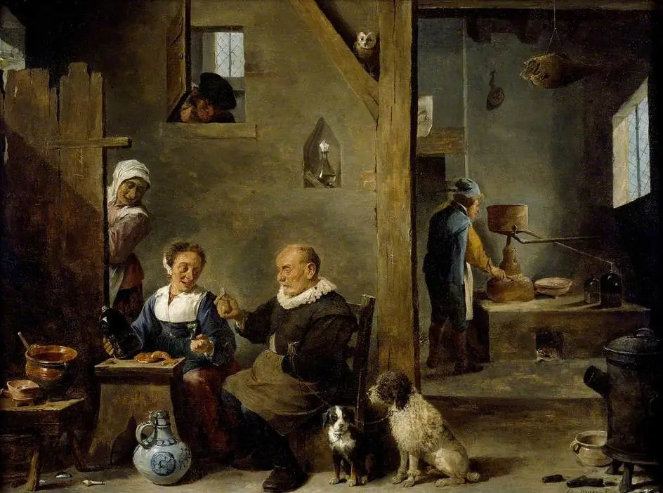 Une distillerie avec un homme âgé achetant du gin à une femme - David Teniers le Jeune image 1 copie de tableau peinte à la main