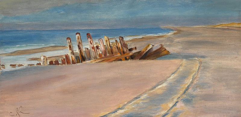 Wrak na północnym plaży w Skagen. Głębokie ślady kół w piasku. - Peder Severin Krøyer