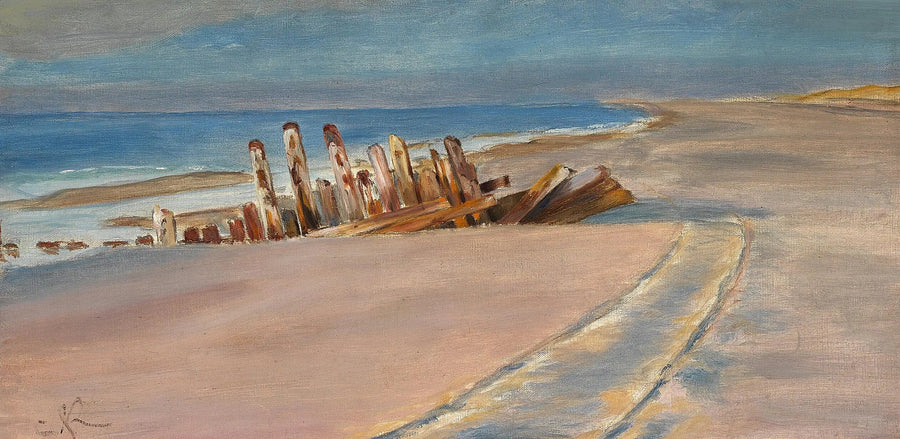 Wrak na północnym plaży w Skagen. Głębokie ślady kół w piasku. - Peder Severin Krøyer