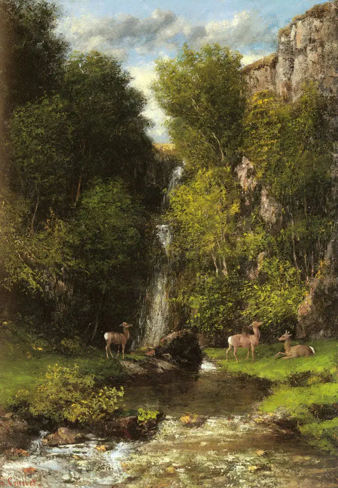 Rodzina jeleni w krajobrazie z wodospadem - Gustave Courbet