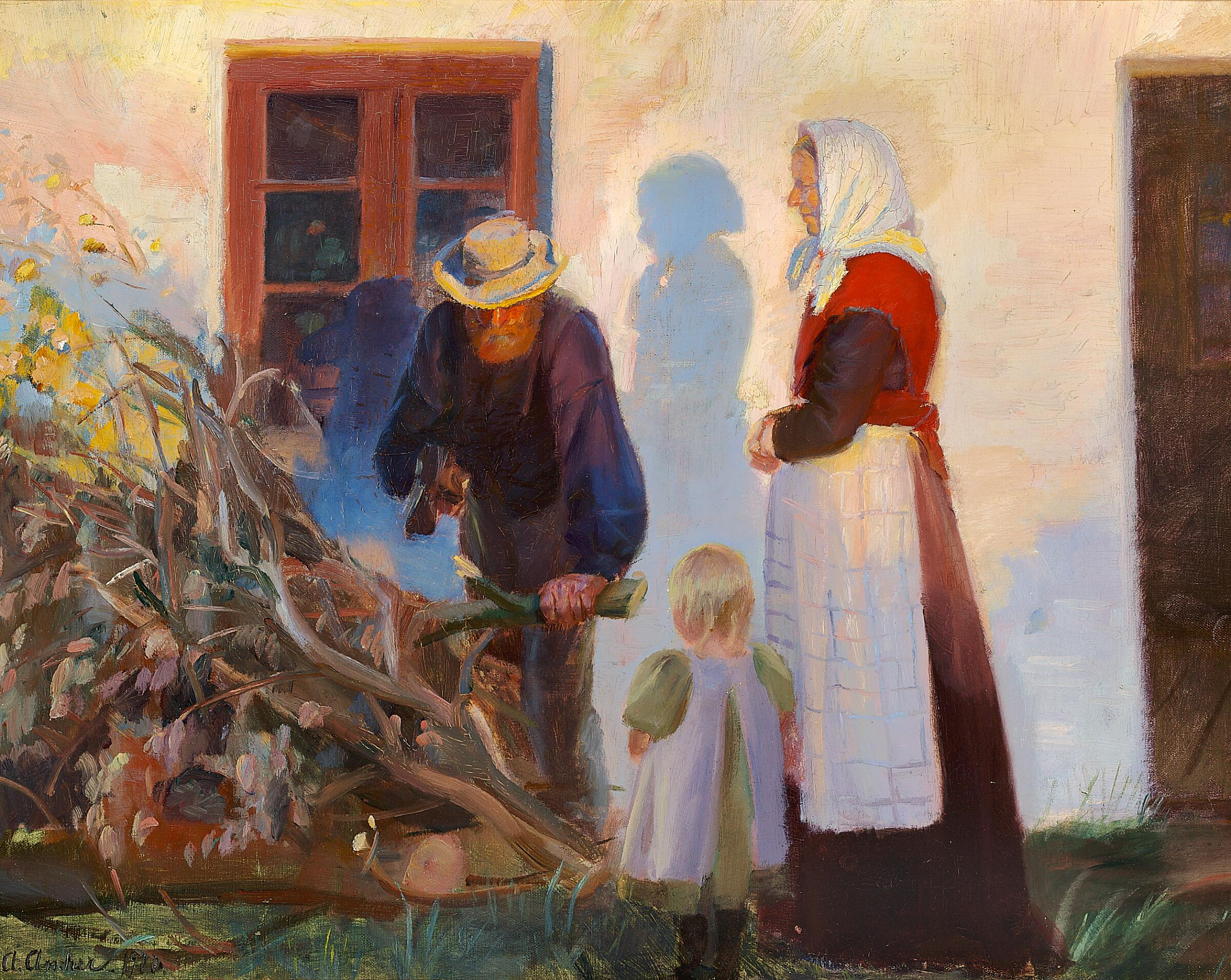 Une famille de Skagen coupe des branches devant une maison. - Anna Ancher image 1 copie peinte à la main à l’huile